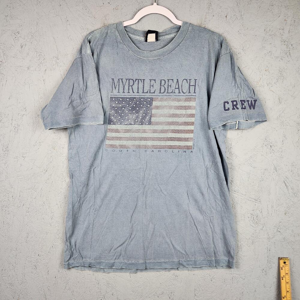 Vintage Myrtle Beach Shirt Mens Large Blue Crew USA Flag South Carolina 90s Logo